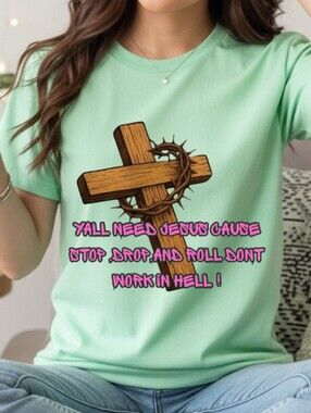 Gildan Mint Green Graphic Tee with Wooden Cross and Pink Lettering